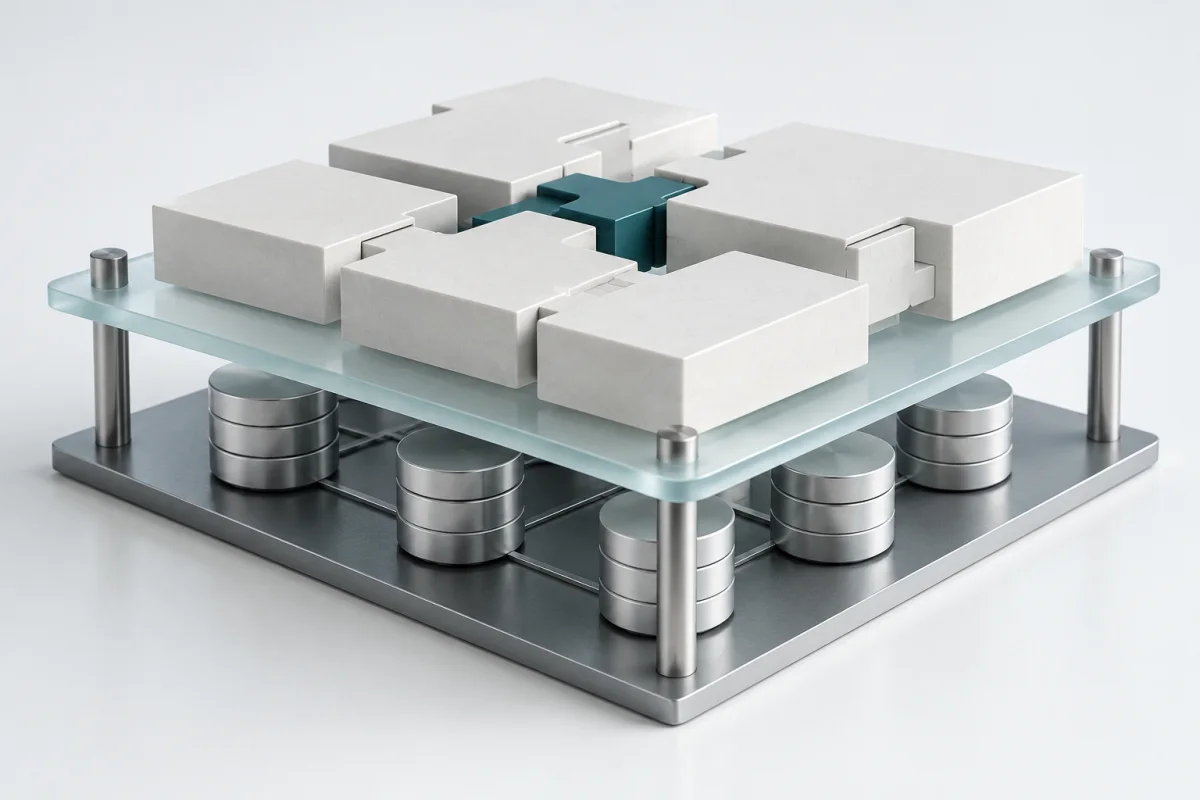KI-Symbolbild modularer Anwendungsbausteine oberhalb einer Datenebene.